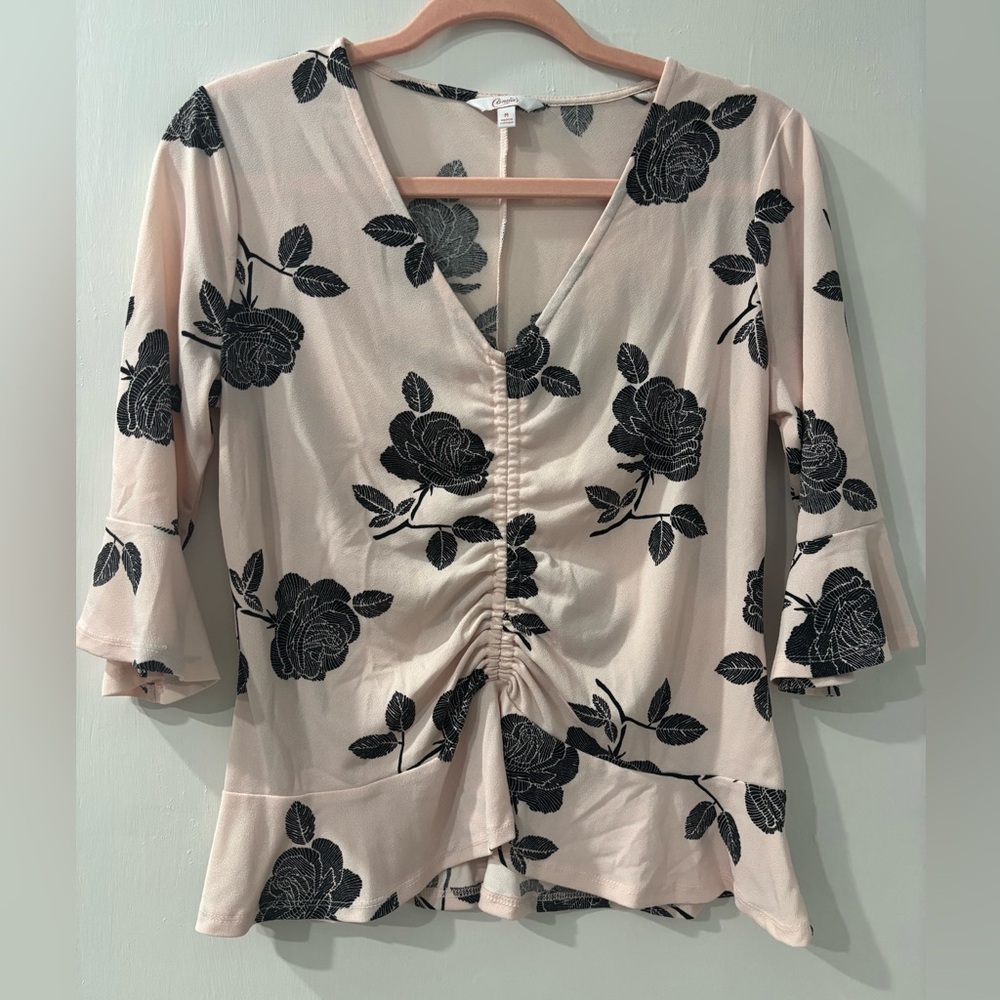 Candie's Black Floral Ruched Blouse - Pastel Pink